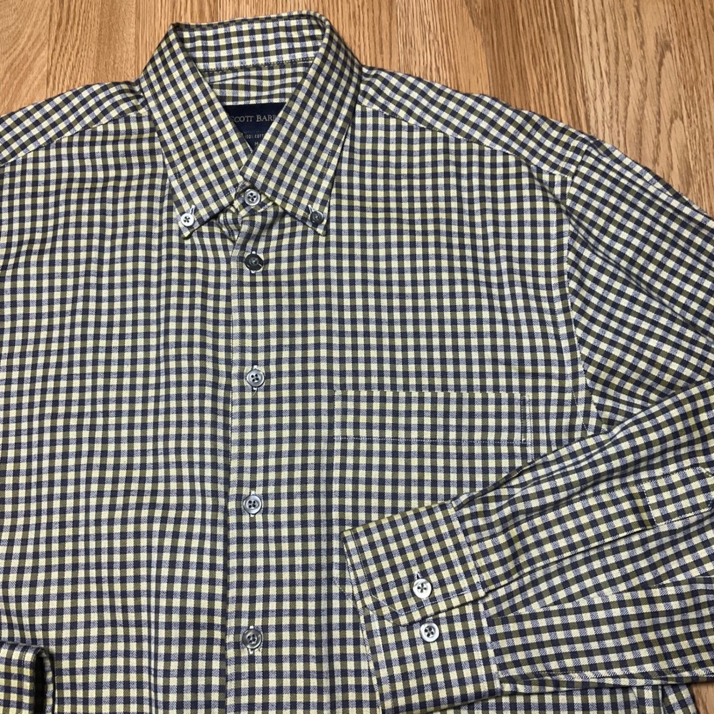 Scott Barber Mens Navy Blue Olive Green Gingham Check Cotton Button Down Shirt M